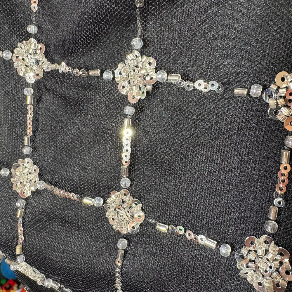 Adrianna Papell Beaded Mesh Top Black Sequin Puff Sleeve Sheer Blouse NWT Sz L​ - Picture 7 of 10